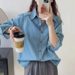 Blue Denim Shirt Jacket Women's Small Long-sleeved Top - Light Blue, Free Size