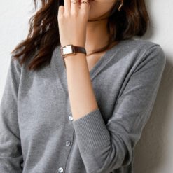 Knitted Cardigan Long Sleeve Button V-neck Cropped Sweater Coat - Gray, L