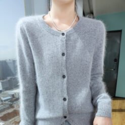 Womens Loose Button-up Solid-color Cropped Sweater With A Crew Neck - Light Gray, XXL