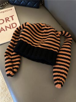 Cute Rabbit Ears Knitted Striped Pullover Wool Knit Hat Shopping Warm Beanie Hat - Black Orange, M56to58cm