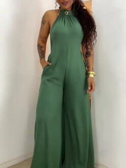 Green Halter-neck Backless Jumpsuit - Green, L