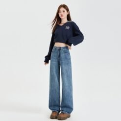 Vintage Blue High Waist Velvet Padded Straight Jeans - Retro Blue Lengthened Thin, M