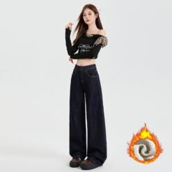 Vintage Blue High Waist Velvet Padded Straight Jeans - Dark Blue Pants Thick, M
