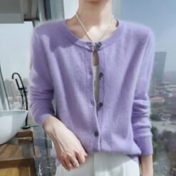 Womens Loose Button-up Solid-color Cropped Sweater With A Crew Neck - Fumigating Purple, L