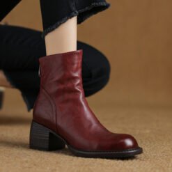 French-Style Retro Brown Round-Toe Ankle Boots - Red Single Lining, 38