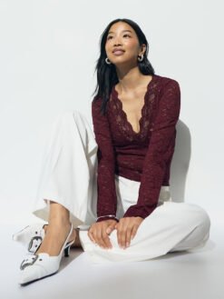 Lace V-neck Long-sleeve Blouse Top - Wine Red, S