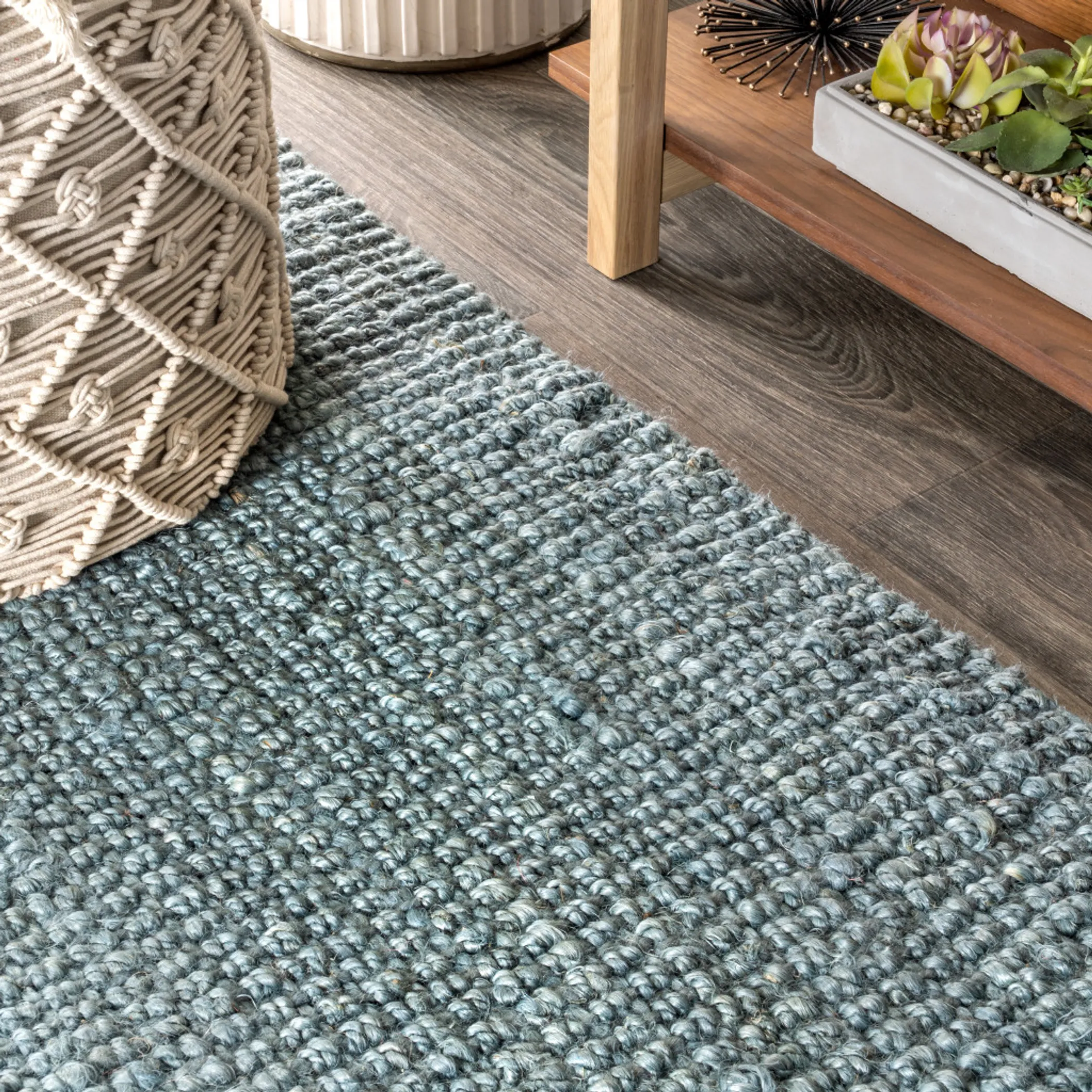 18' Light Blue Jute Handmade Runner Rug With Fringe - Image 4