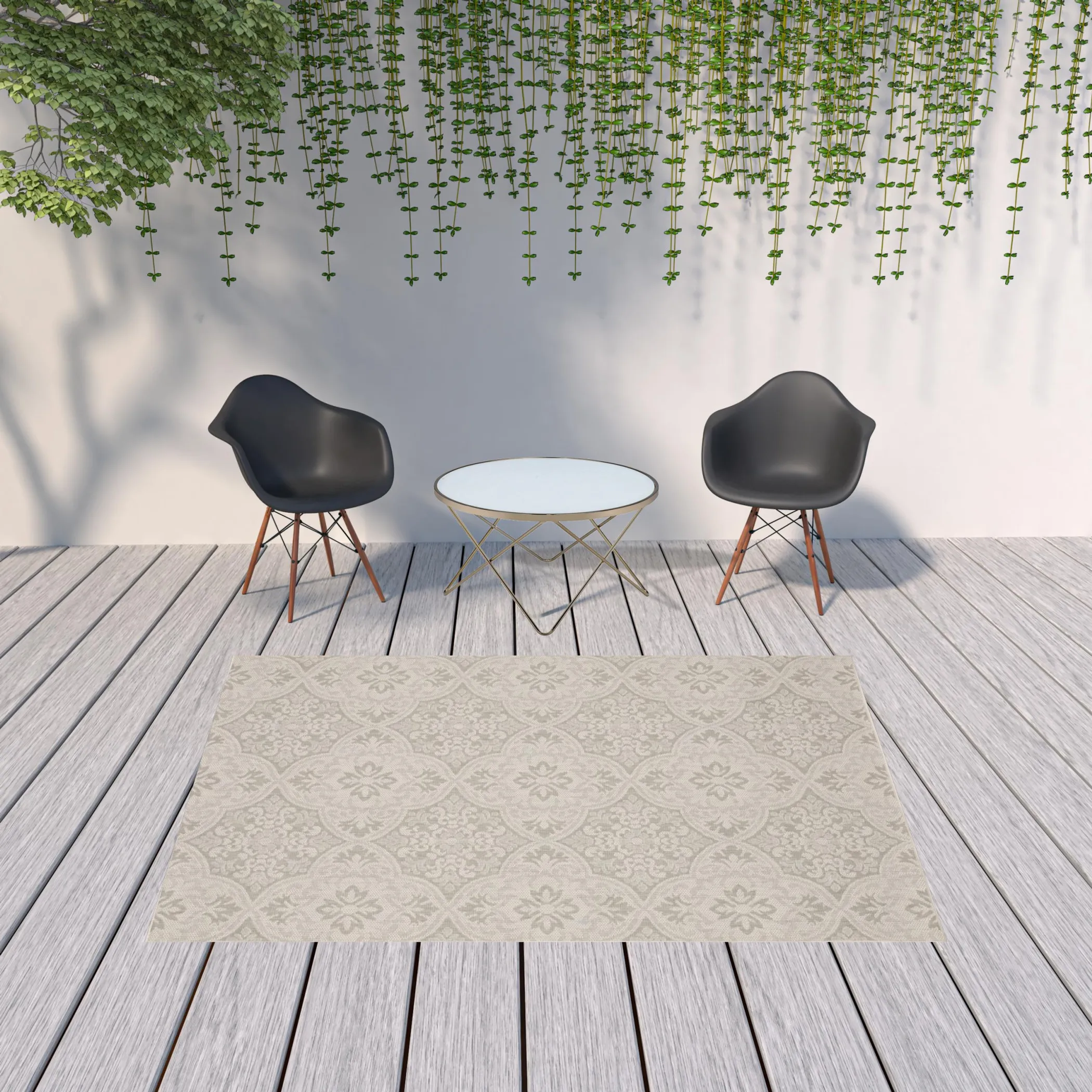 7' X 9' Gray and Ivory Floral Stain Resistant Indoor Outdoor Area Rug - Image 2