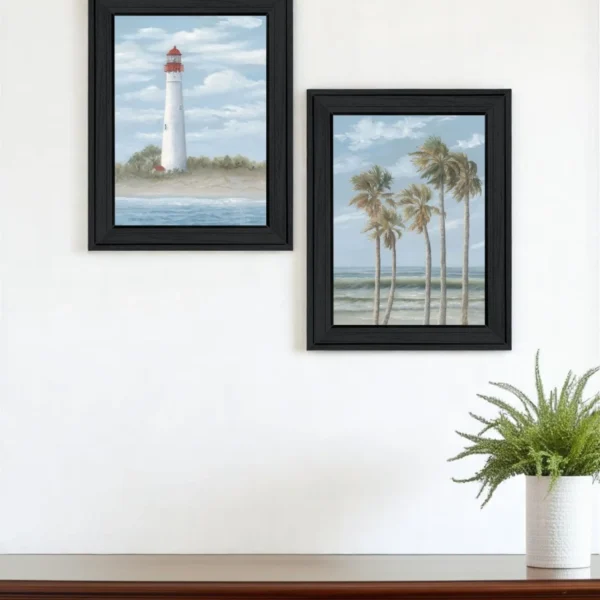 Set Of Two Cape May Lighthouse And Palm Trees Black Framed Wall Art