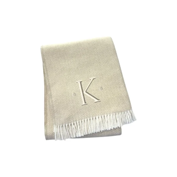 Herringbone Cotton Blend K Initial Throw Blanket with Tassels And Embroidery