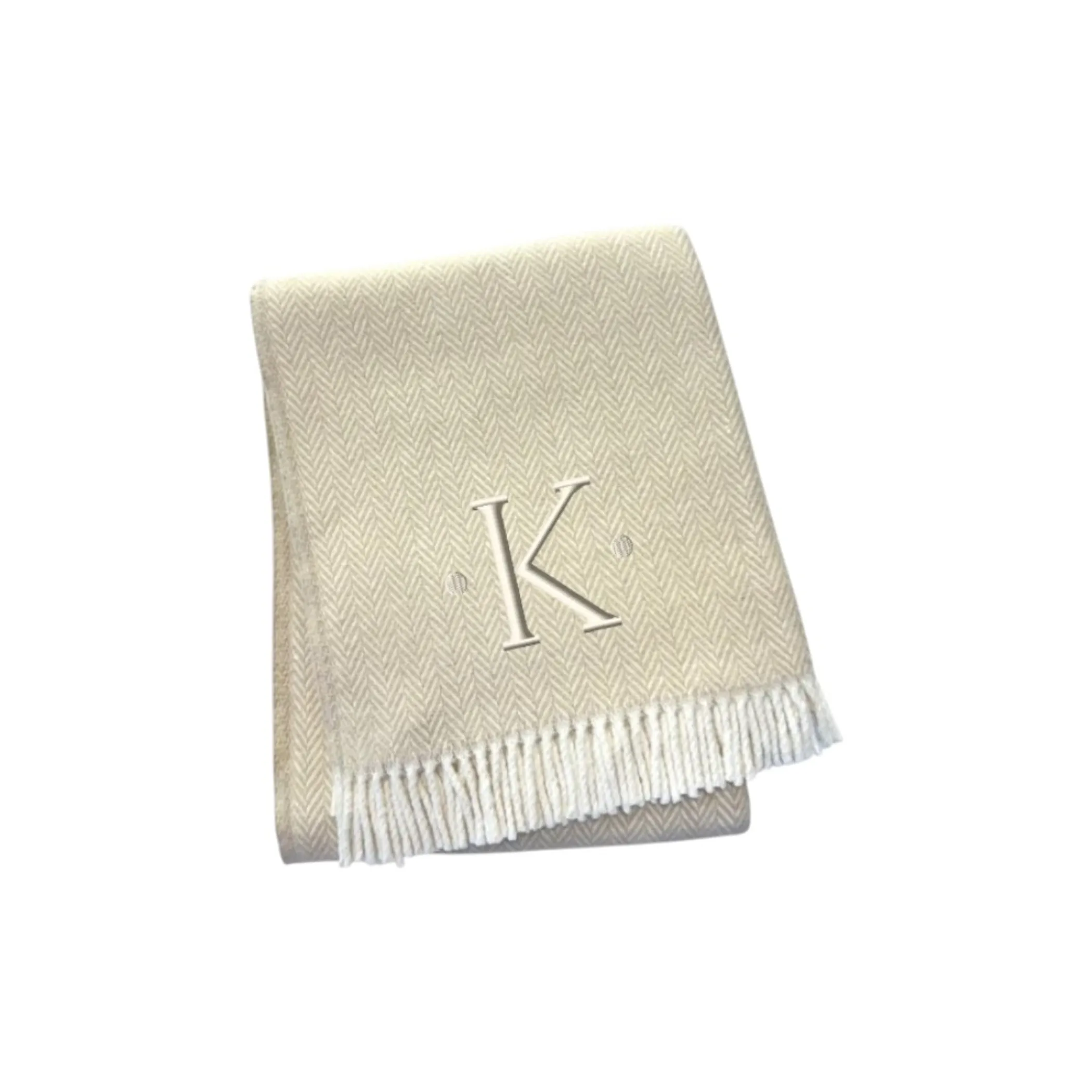 Herringbone Cotton Blend K Initial Throw Blanket with Tassels And Embroidery
