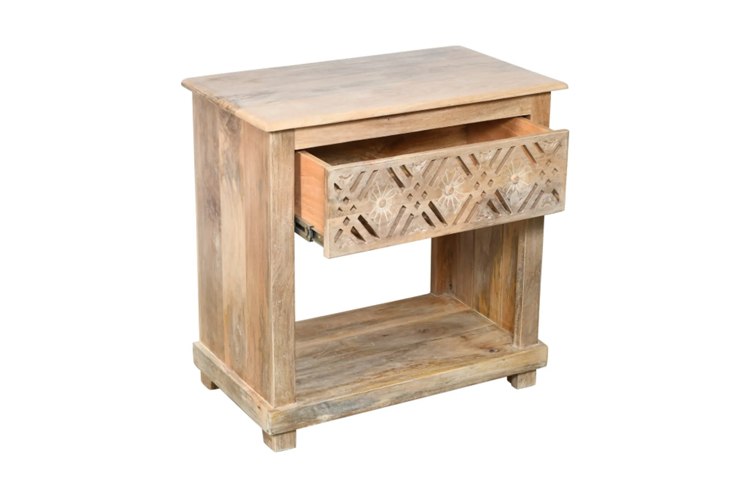 28" Natural Solid Wood Carved Geometric One Drawer Nightstand - Image 3