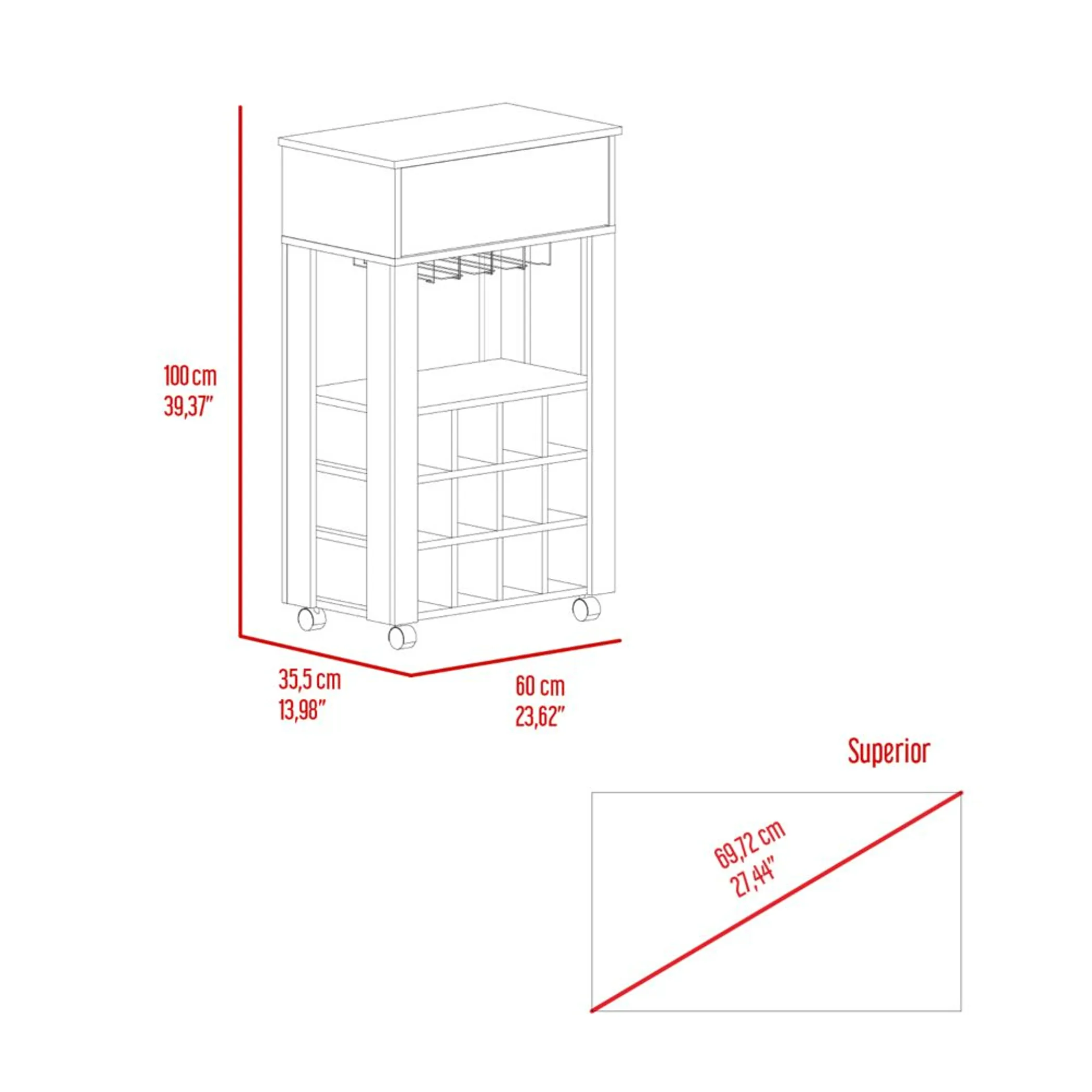 Memphis Bar Cart, Twelve Wine Cubbies, Four Legs, One Open Shelf - Image 3
