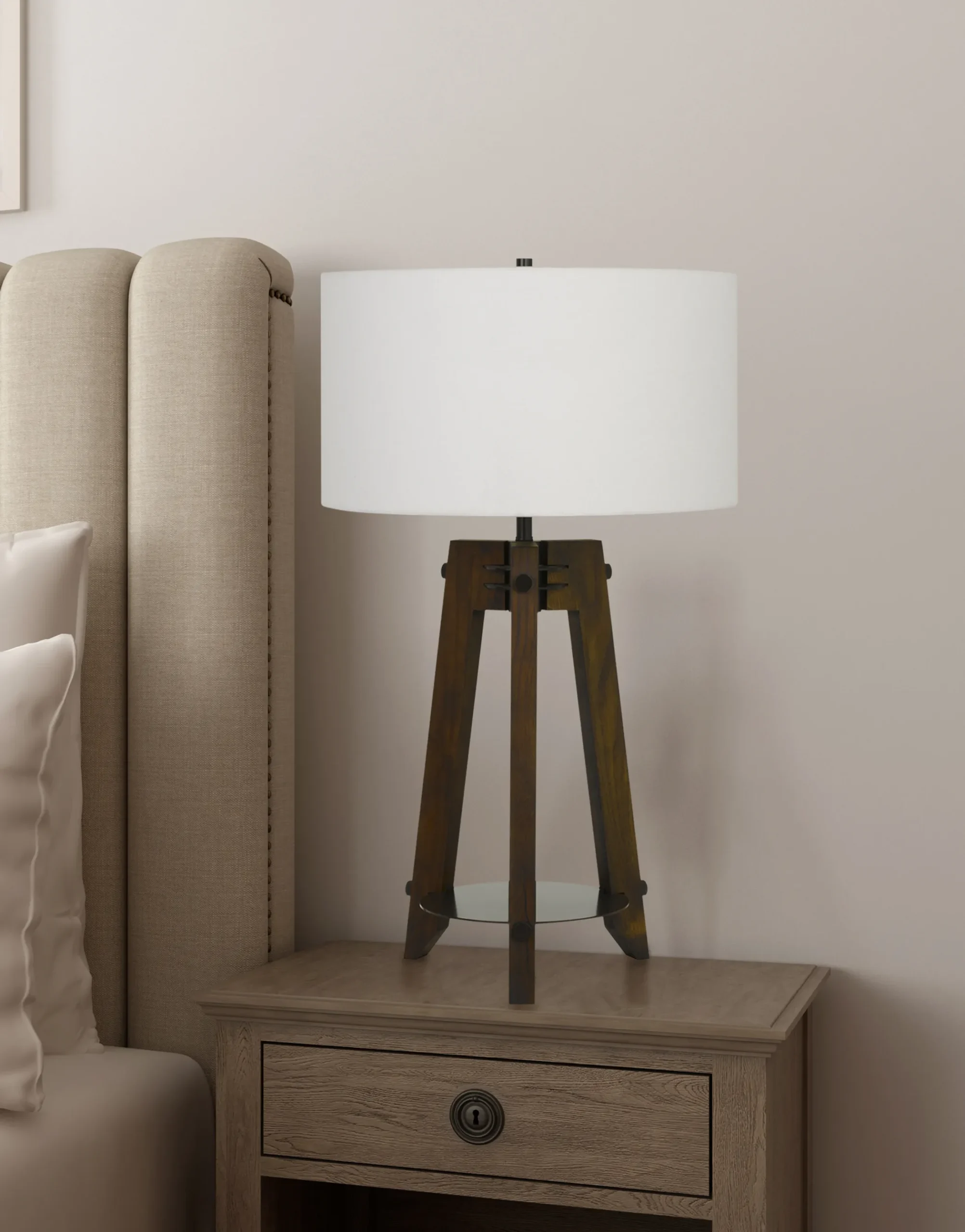 32" Brown Metal Tripod Table Lamp With Off White Drum Shade - Image 3