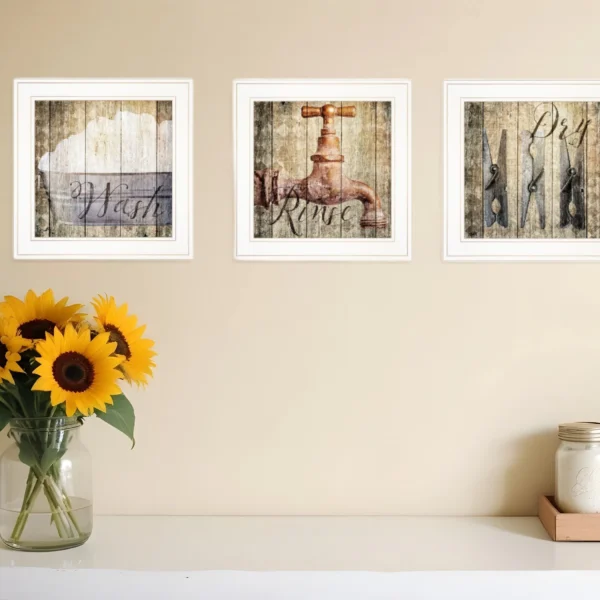 Set Of Three Wash 1 White Framed Print Bathroom Wall Art