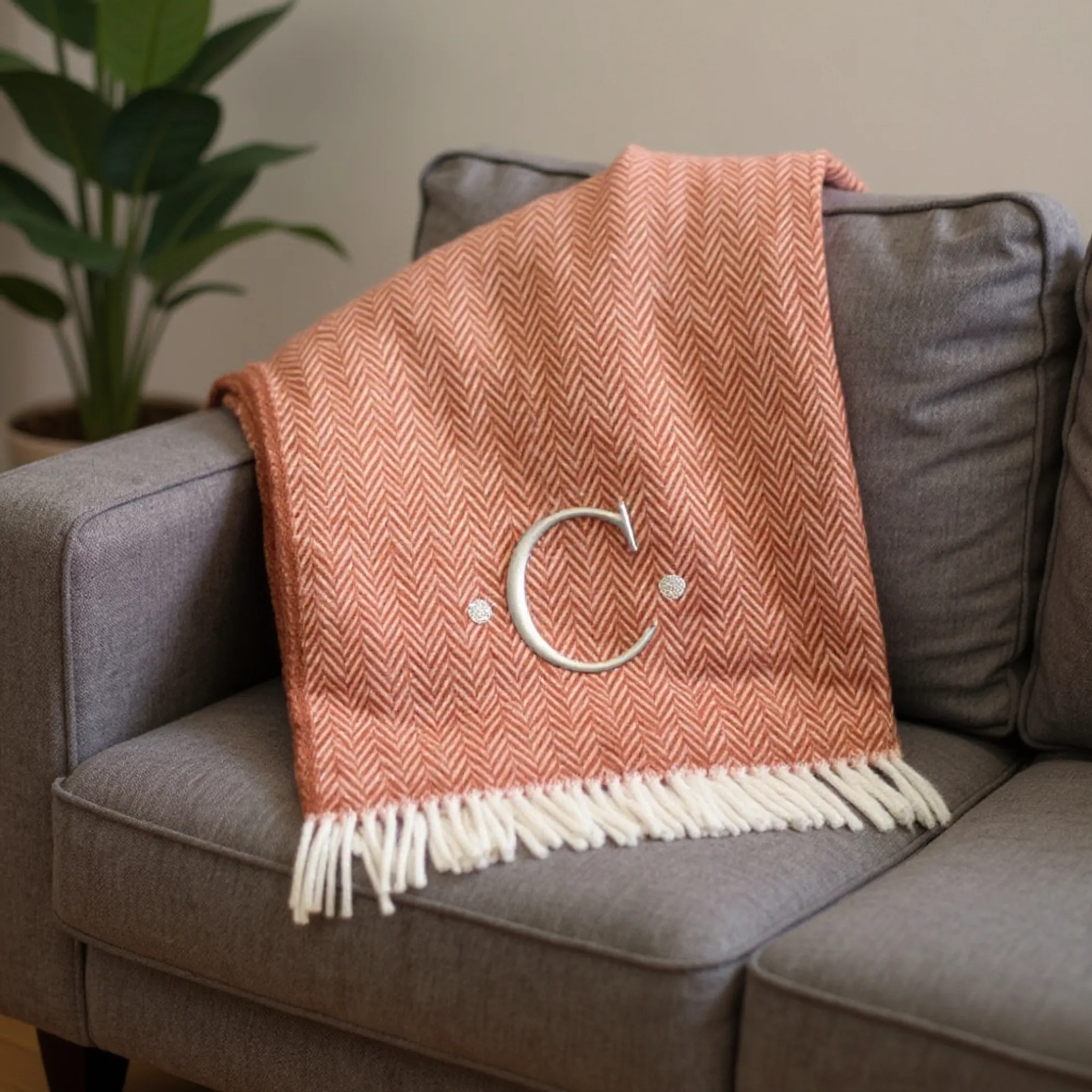 Herringbone Cotton Blend C Initial Throw Blanket with Tassels And Embroidery - Image 2