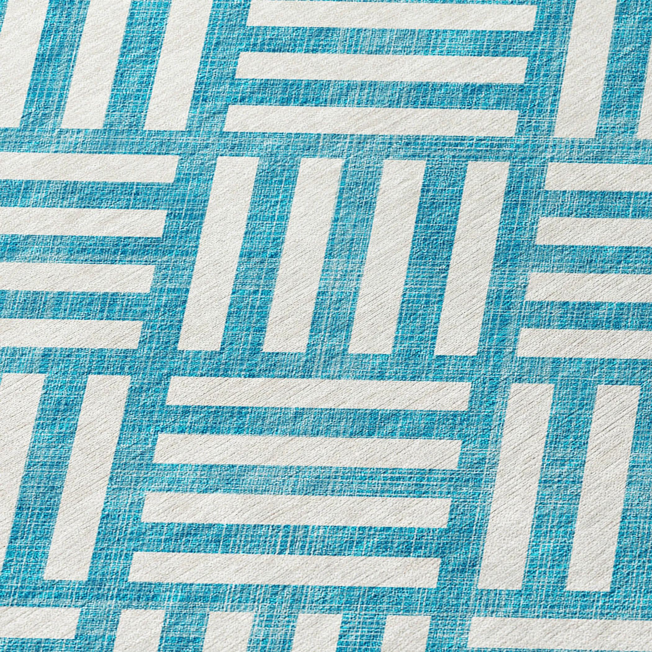 10' X 14' Teal Blue And Ivory Geometric Washable Indoor Outdoor Area Rug - Image 5