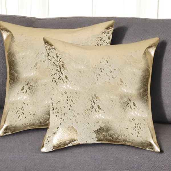Set of Two 18" Natural and Gold Abstract Cowhide Throw Pillows with Glitter