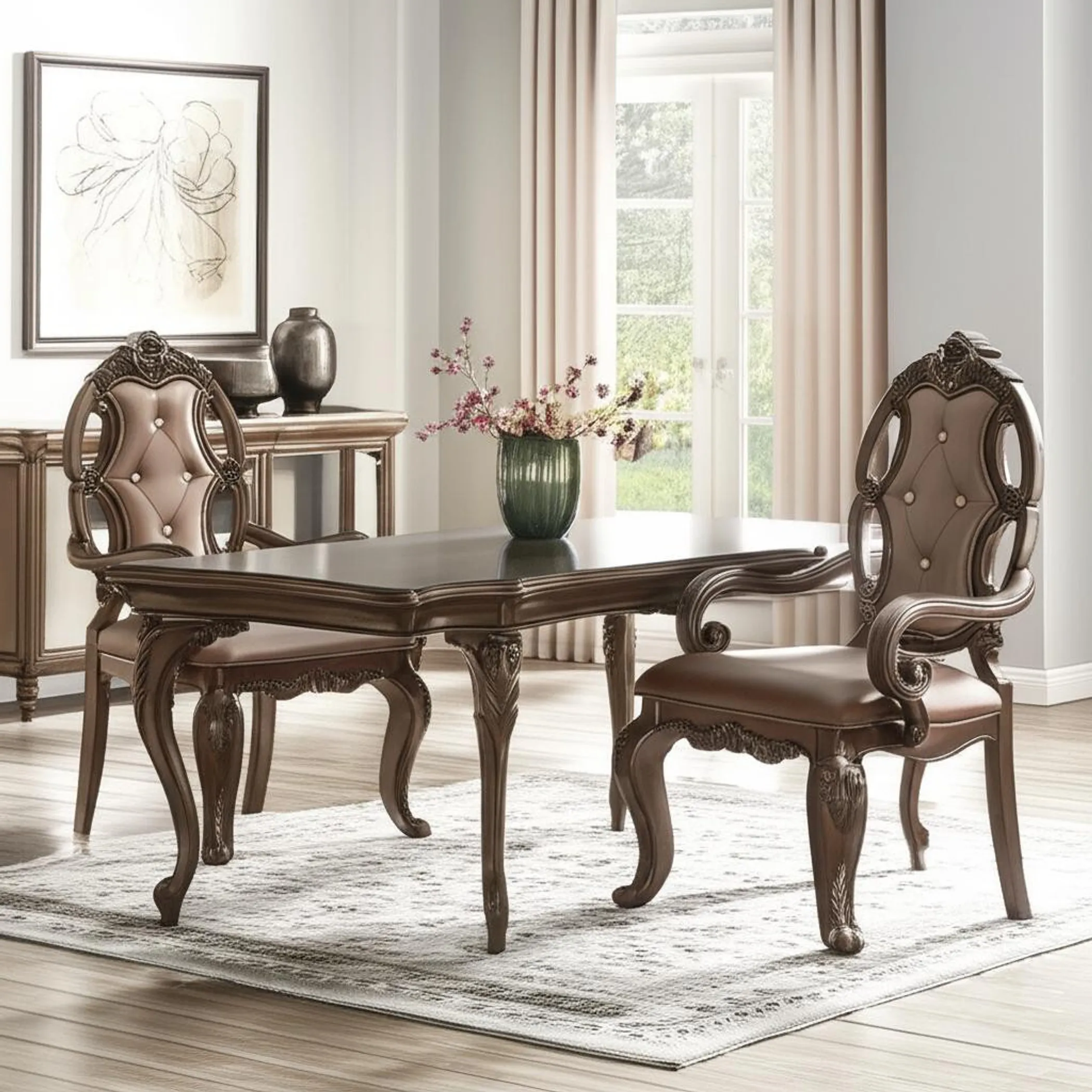 Set of Two Upholstered Faux Leather And Solid Wood Dining Arm Chairs