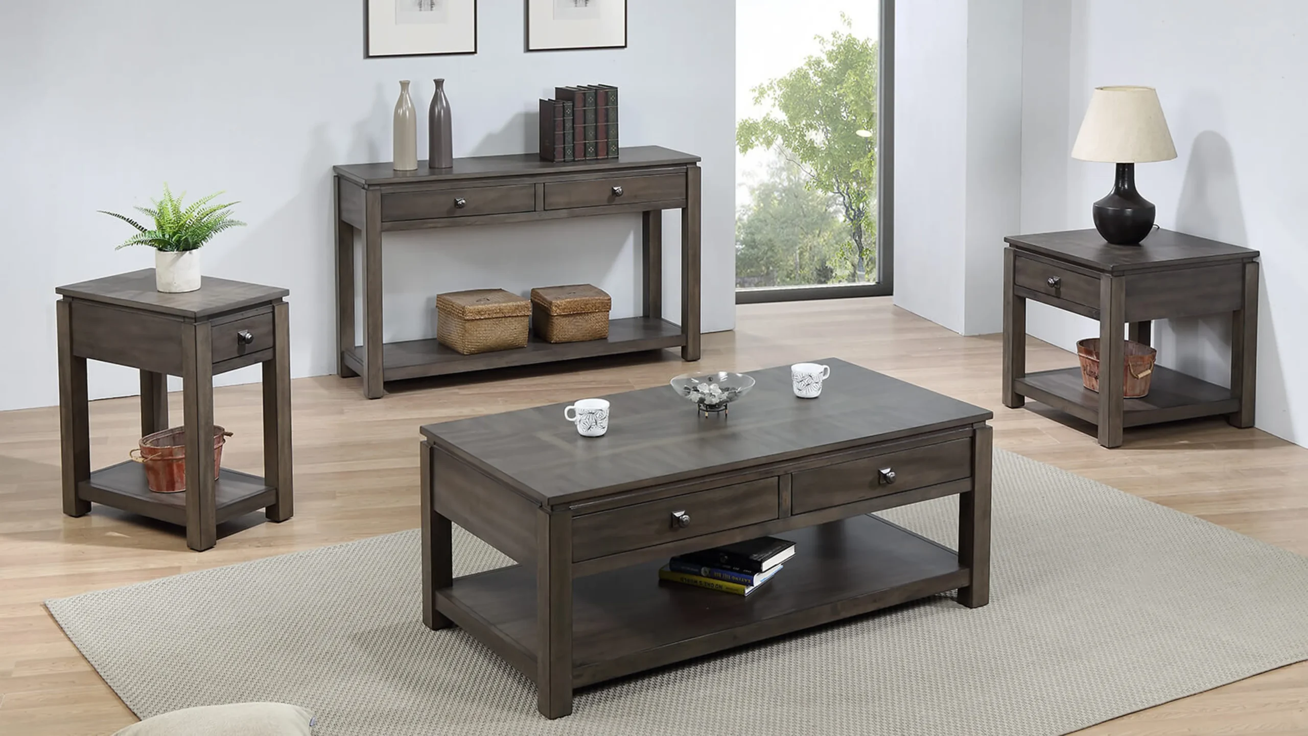 Sunset Trading Shades of Gray Sofa Console with Drawers and Shelf - Image 2