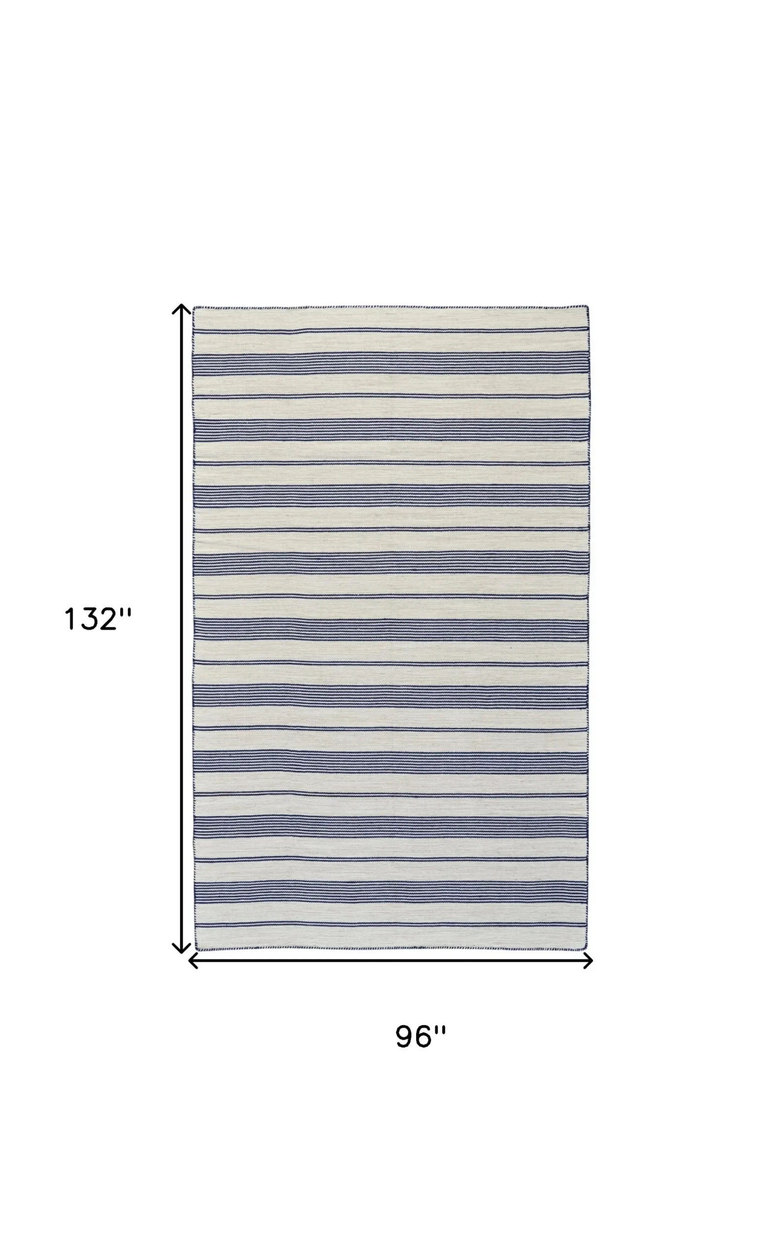 8' X 11' Blue And Ivory Striped Dhurrie Hand Woven Stain Resistant Area Rug - Image 3