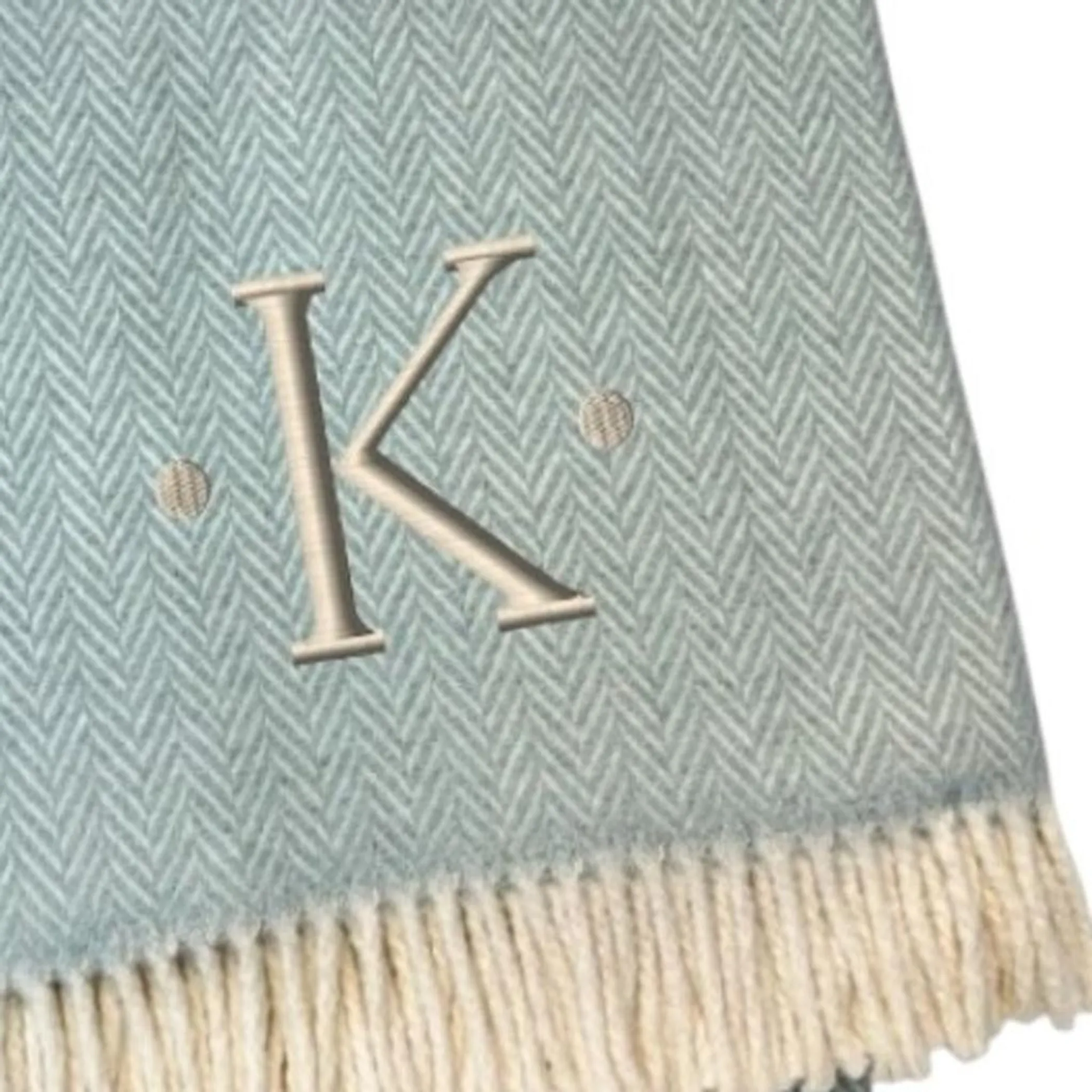 Herringbone Cotton Blend K Initial Throw Blanket with Tassels And Embroidery - Image 5