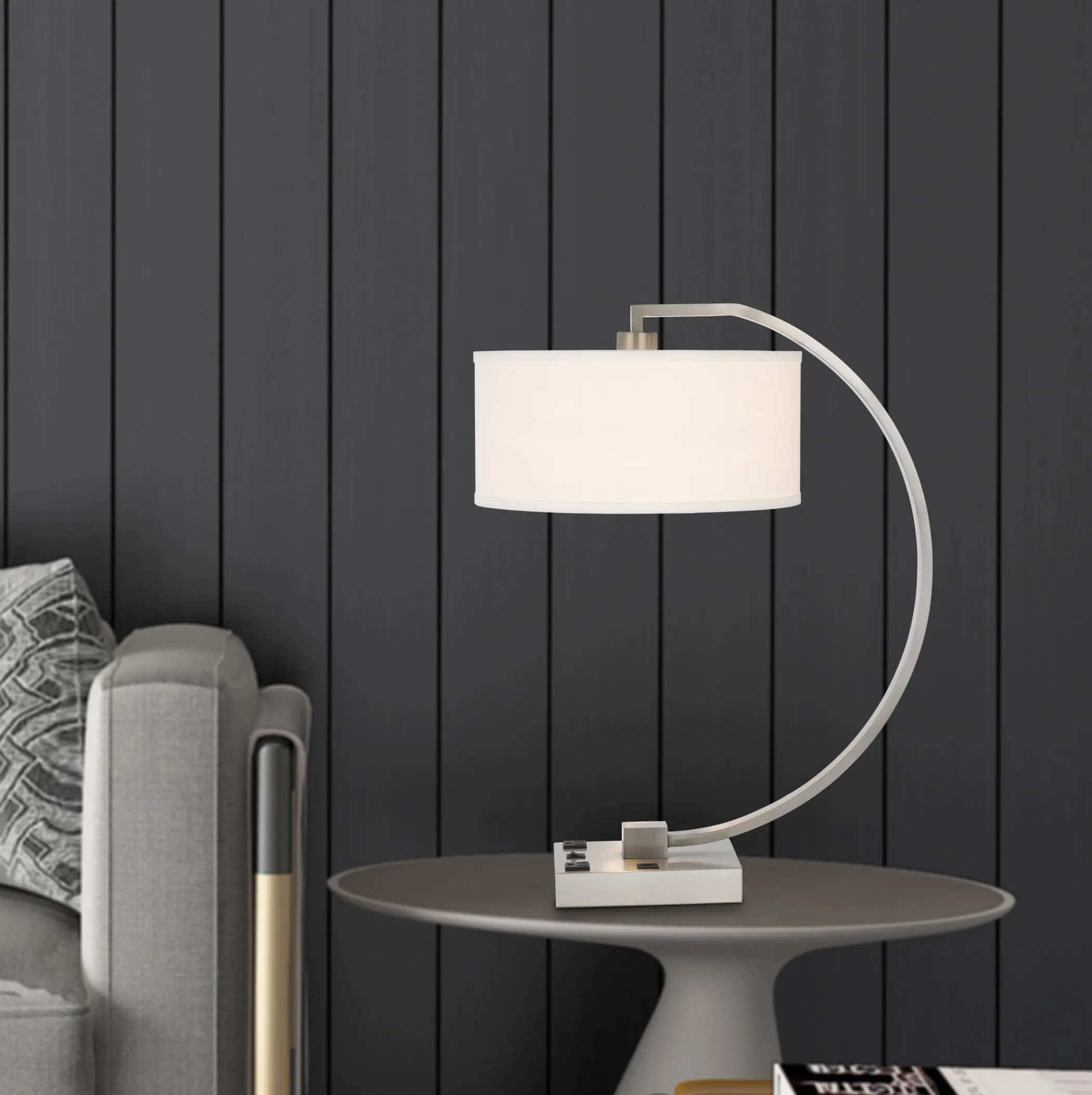 26" Nickel Metal Lantern Desk USB Table Lamp With White Shade - Image 4