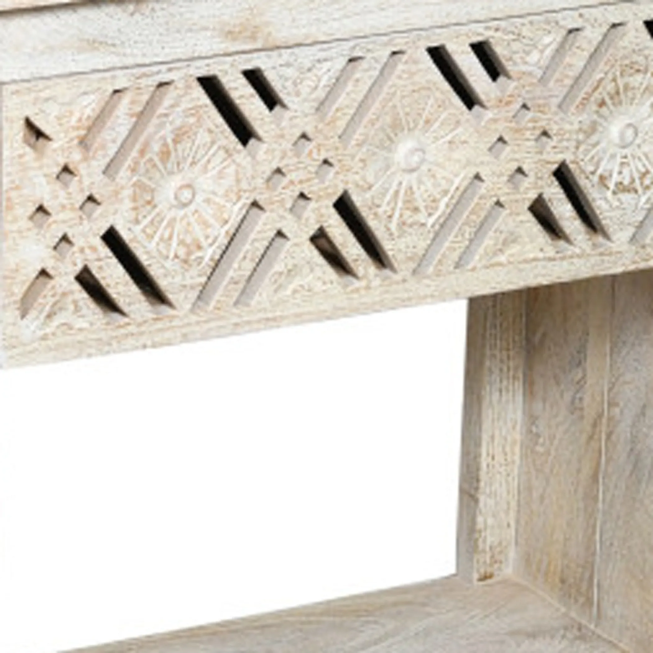 28" White Distressed Carved Geometric Solid Wood Nightstand - Image 6