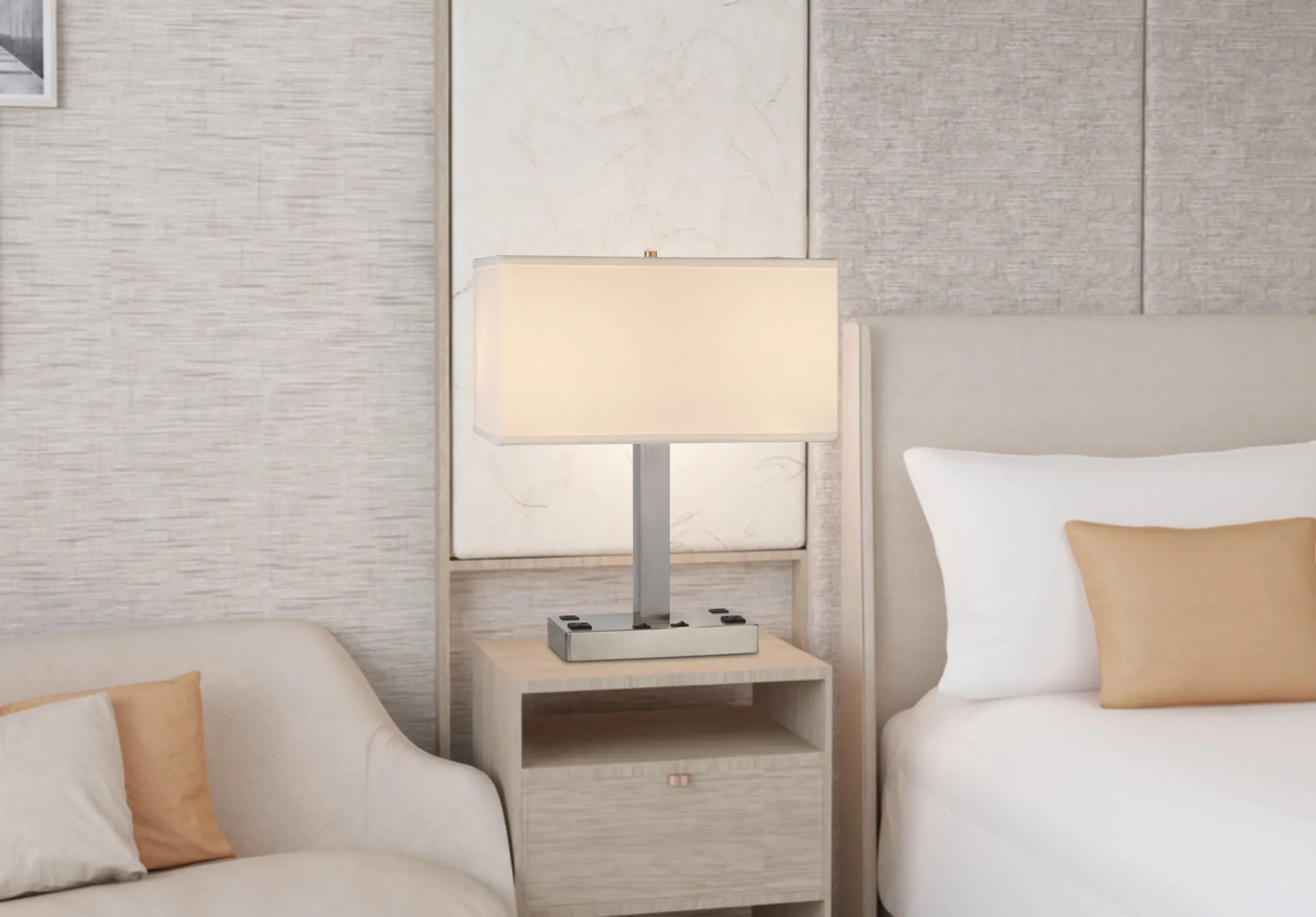 21" Nickel Metal Two Light Desk USB Table Lamp With White Shade - Image 4