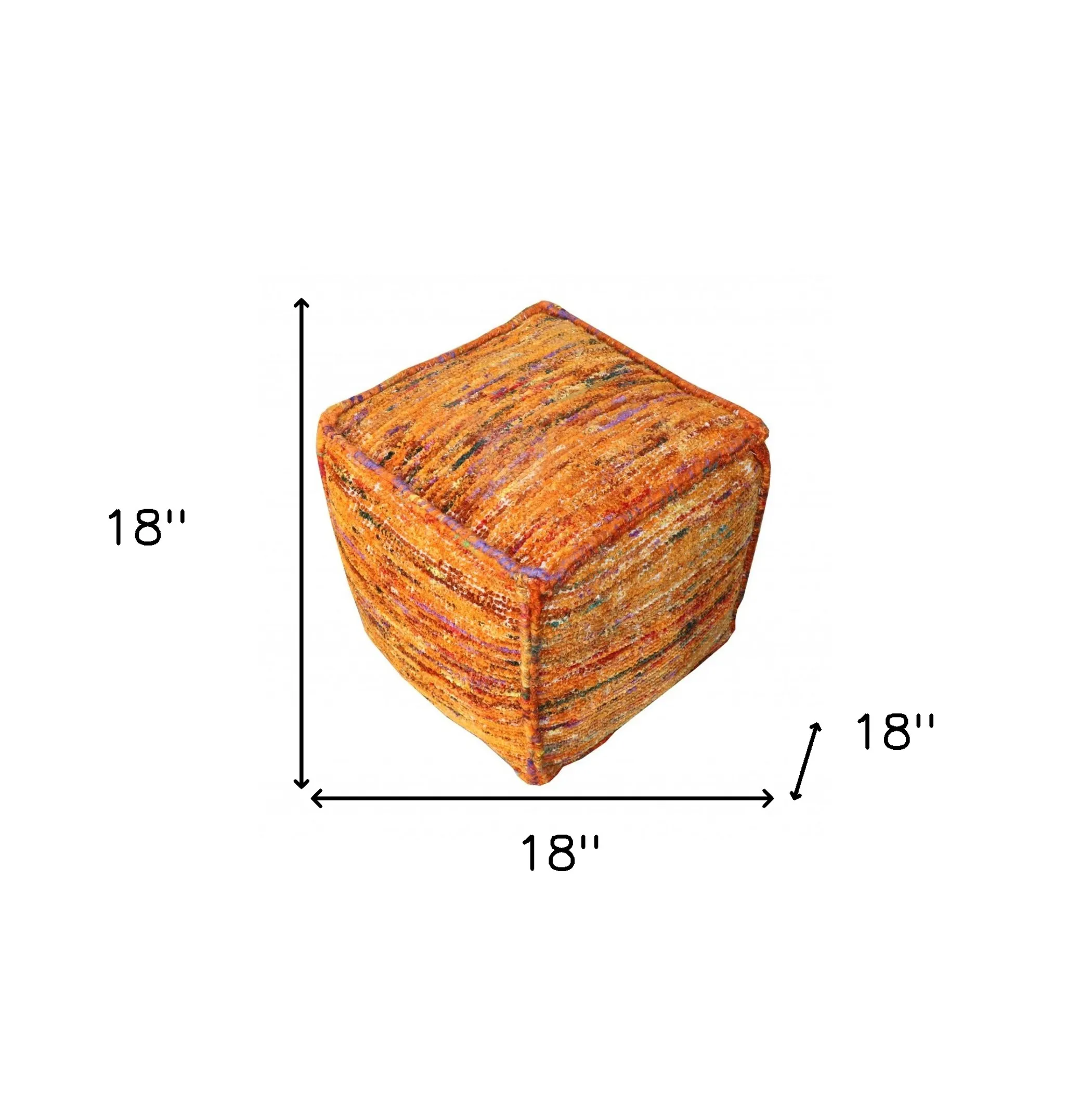 18" Orange Recycled Silk and Cotton Blend Cube Pouf Ottoman - Image 5
