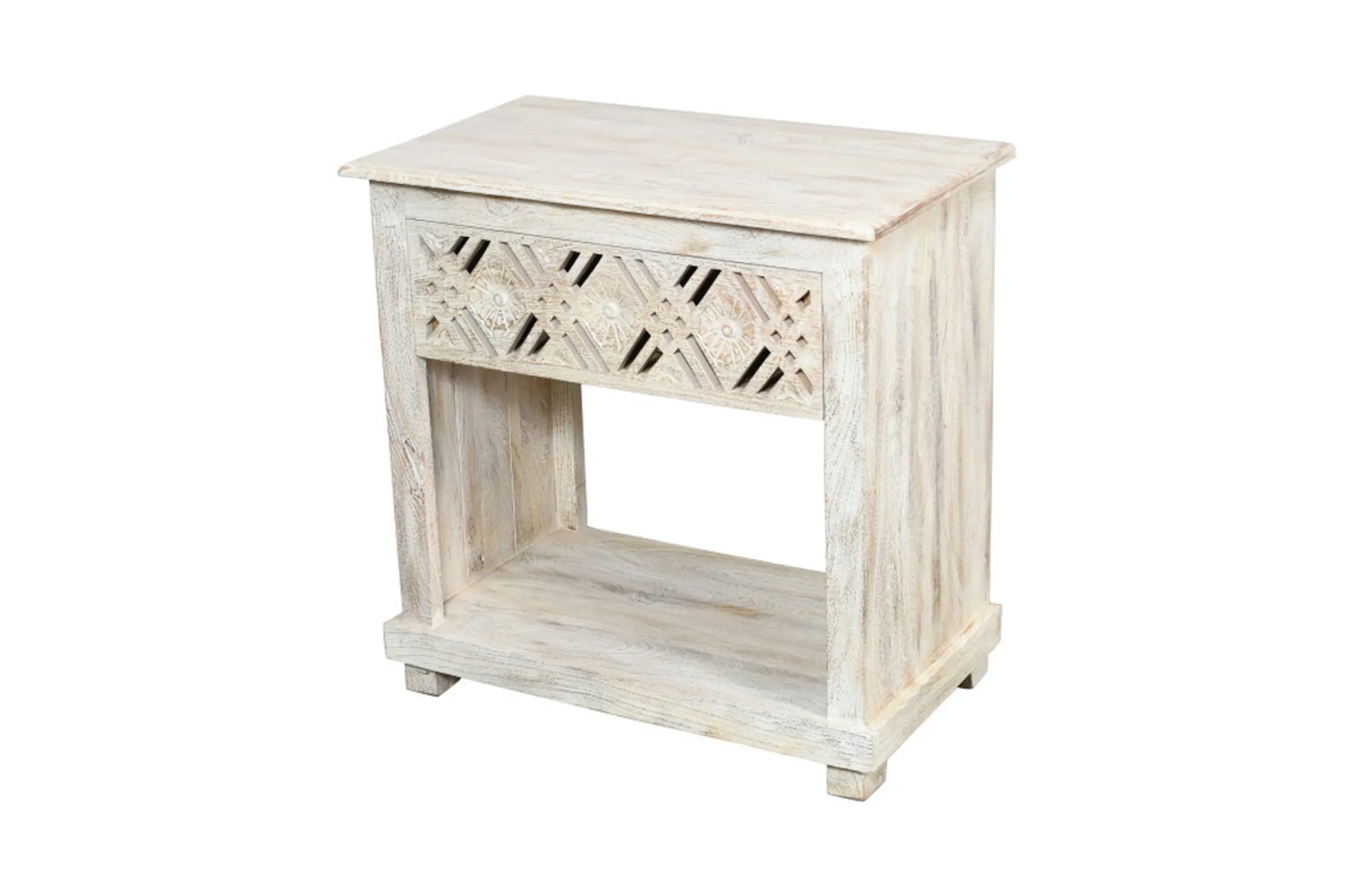 28" White Distressed Carved Geometric Solid Wood Nightstand - Image 5