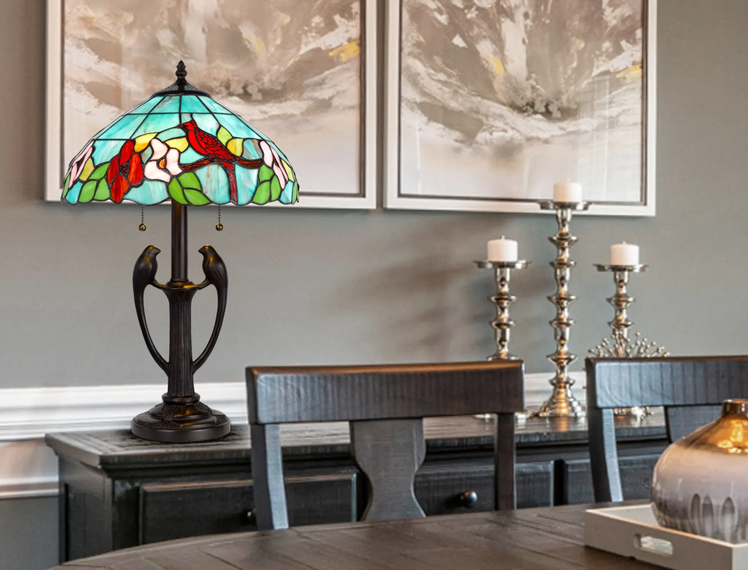22" Bronze Two Light Tiffany Table Lamp With Aqua and Red Floral Shade - Image 4