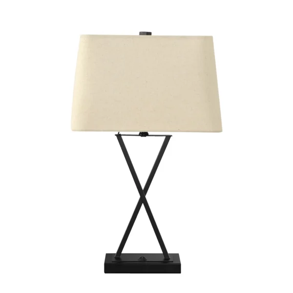 25" Black Metal Geometric USB Table Lamp With Beige Shade
