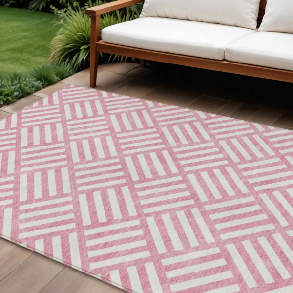 9' X 12' Pink And Ivory Geometric Washable Indoor Outdoor Area Rug