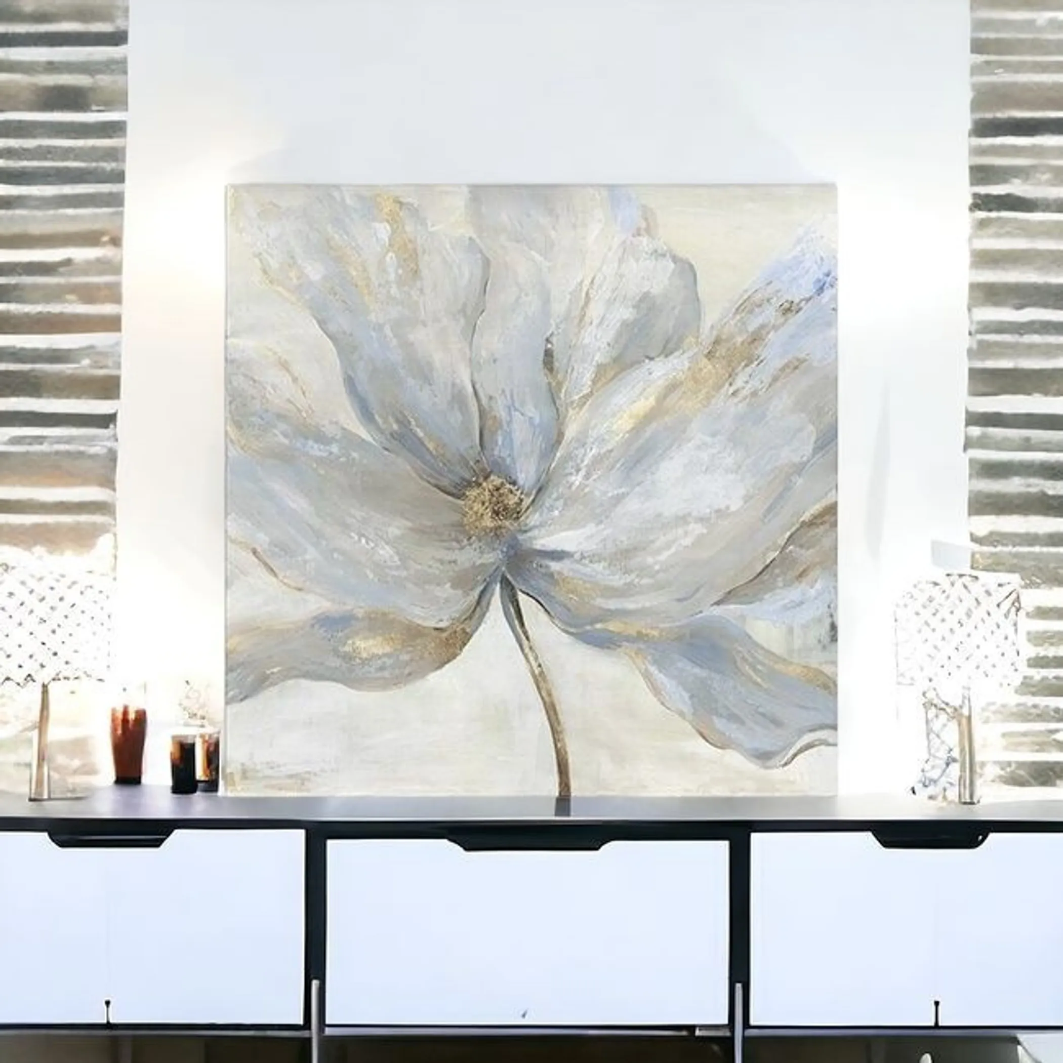 Soft Blue And Grey Flower With Gold Details Unframed Print Wall Art - Image 2