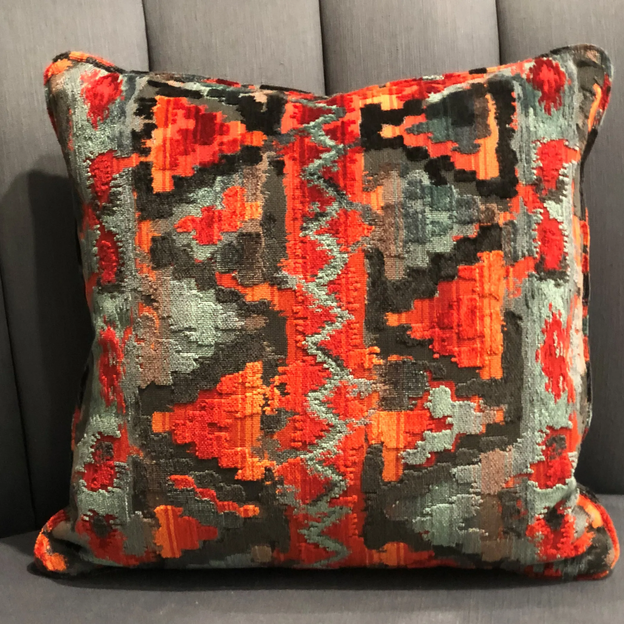 Plutus Sachi Love Red, Blue and Orange iKat Luxury Throw Pillow - Image 2