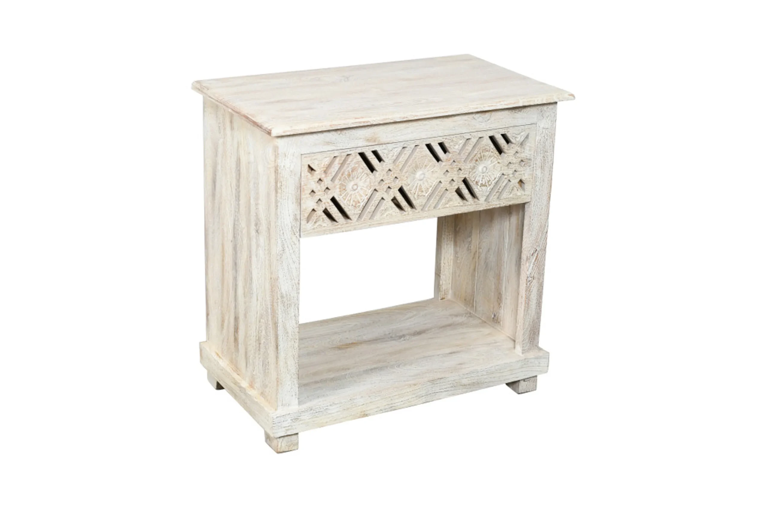 28" White Distressed Carved Geometric Solid Wood Nightstand - Image 3