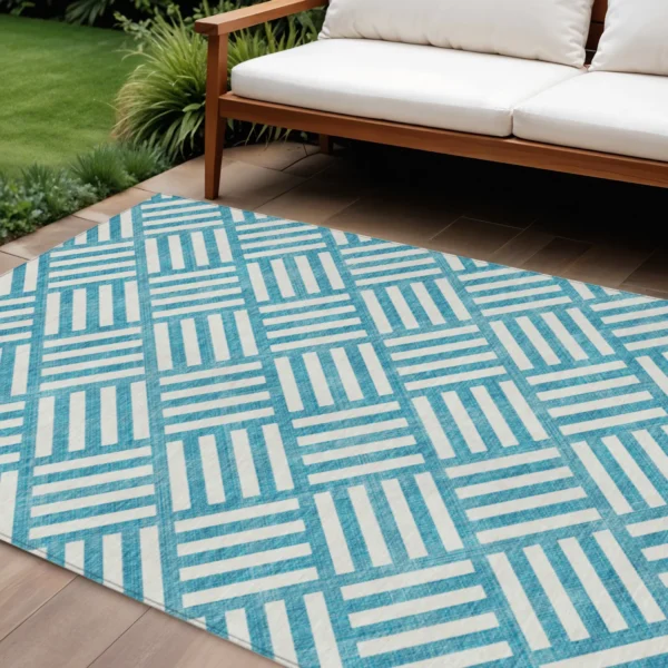 9' X 12' Teal Blue And Ivory Geometric Washable Indoor Outdoor Area Rug
