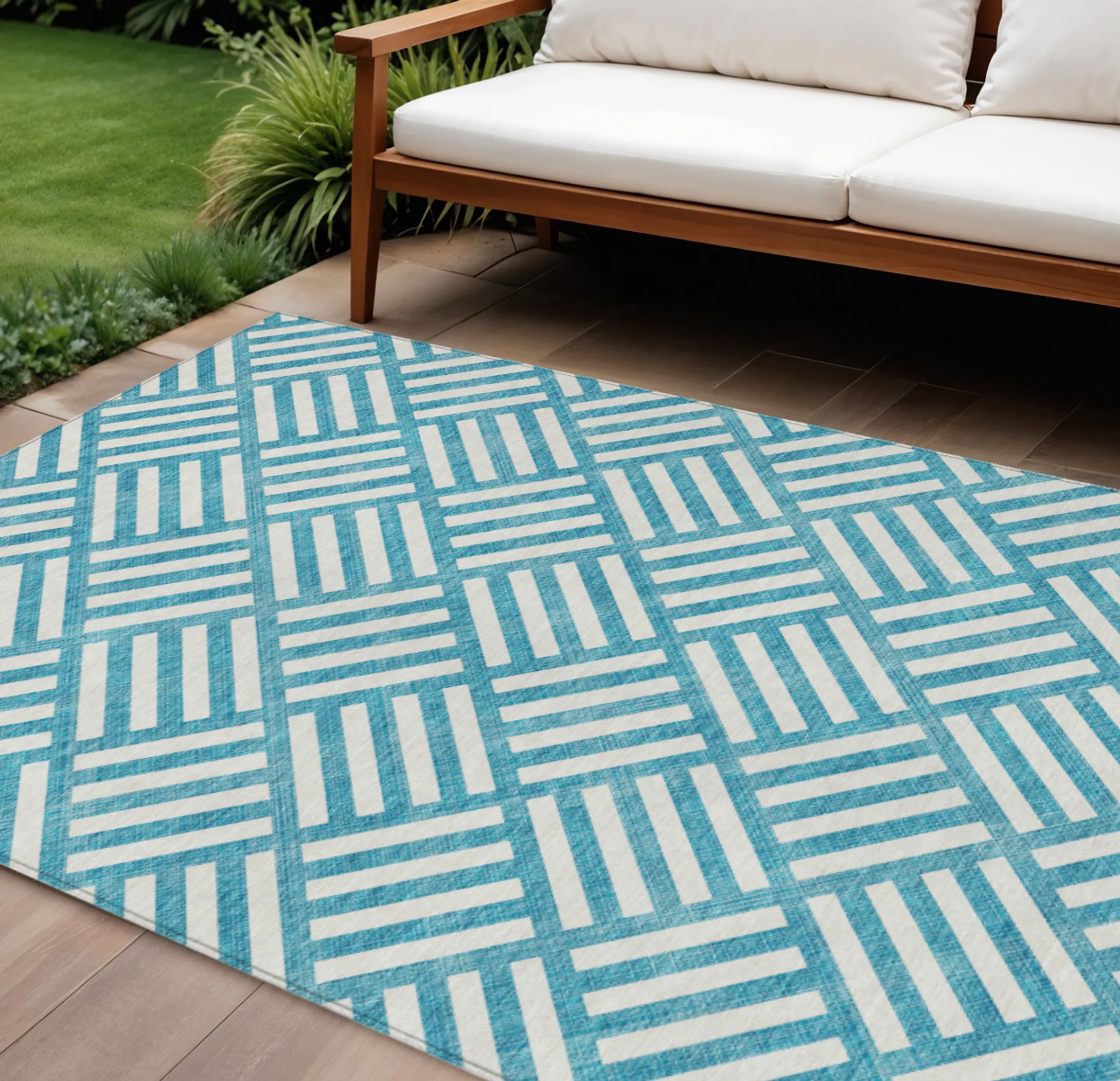 9' X 12' Teal Blue And Ivory Geometric Washable Indoor Outdoor Area Rug