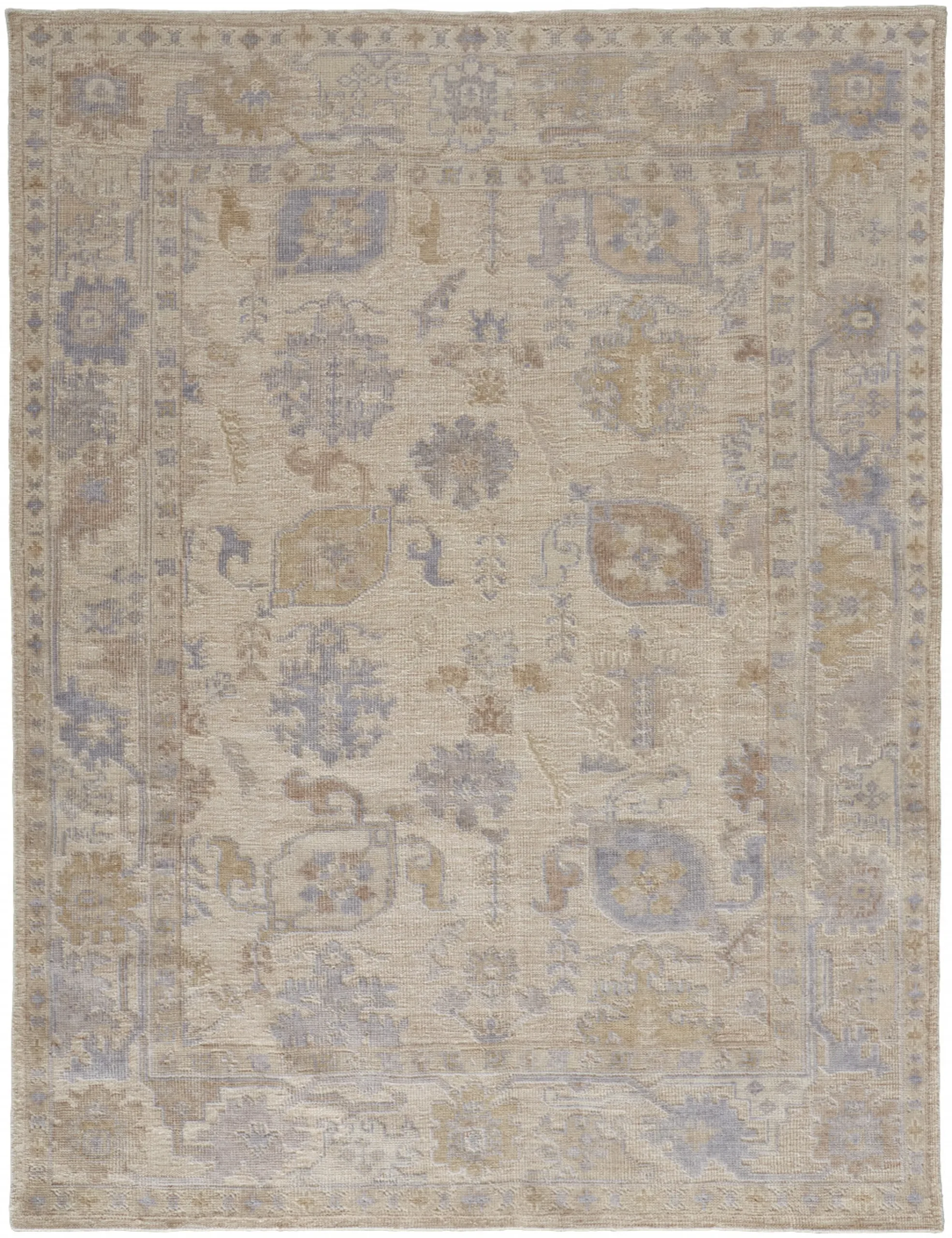 5' X 8' Tan Orange And Blue Floral Hand Knotted Stain Resistant Area Rug