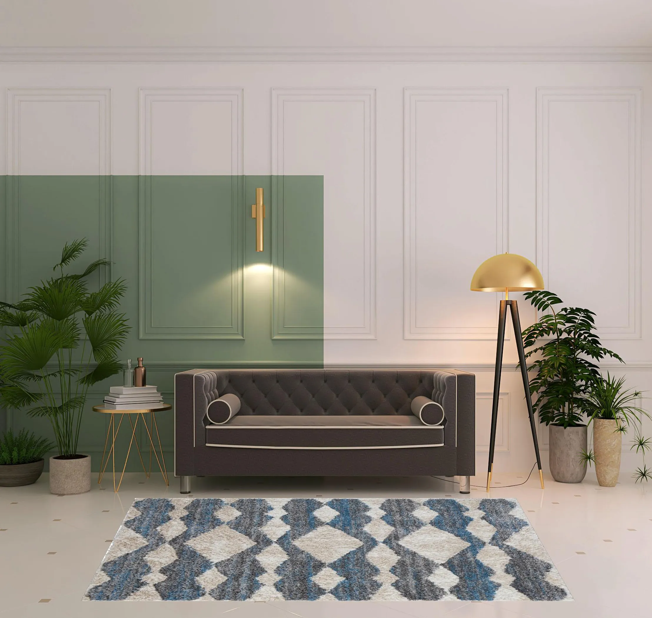 5' X 8' Ivory Gray And Blue Chevron Power Loom Stain Resistant Area Rug - Image 2