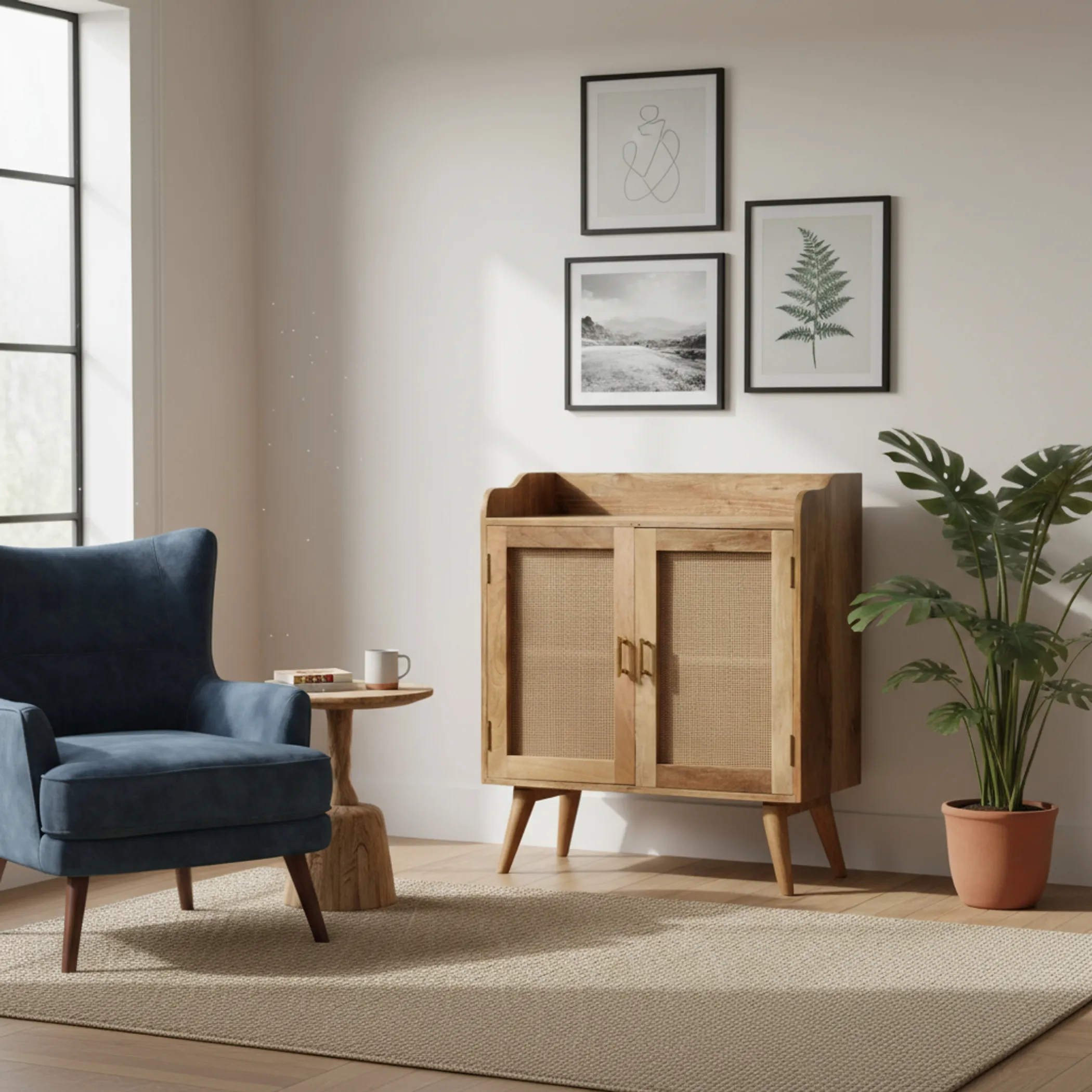 Distressed Solid Wood Inlaid Rattan Accent Cabinet With Two Doors - Image 3