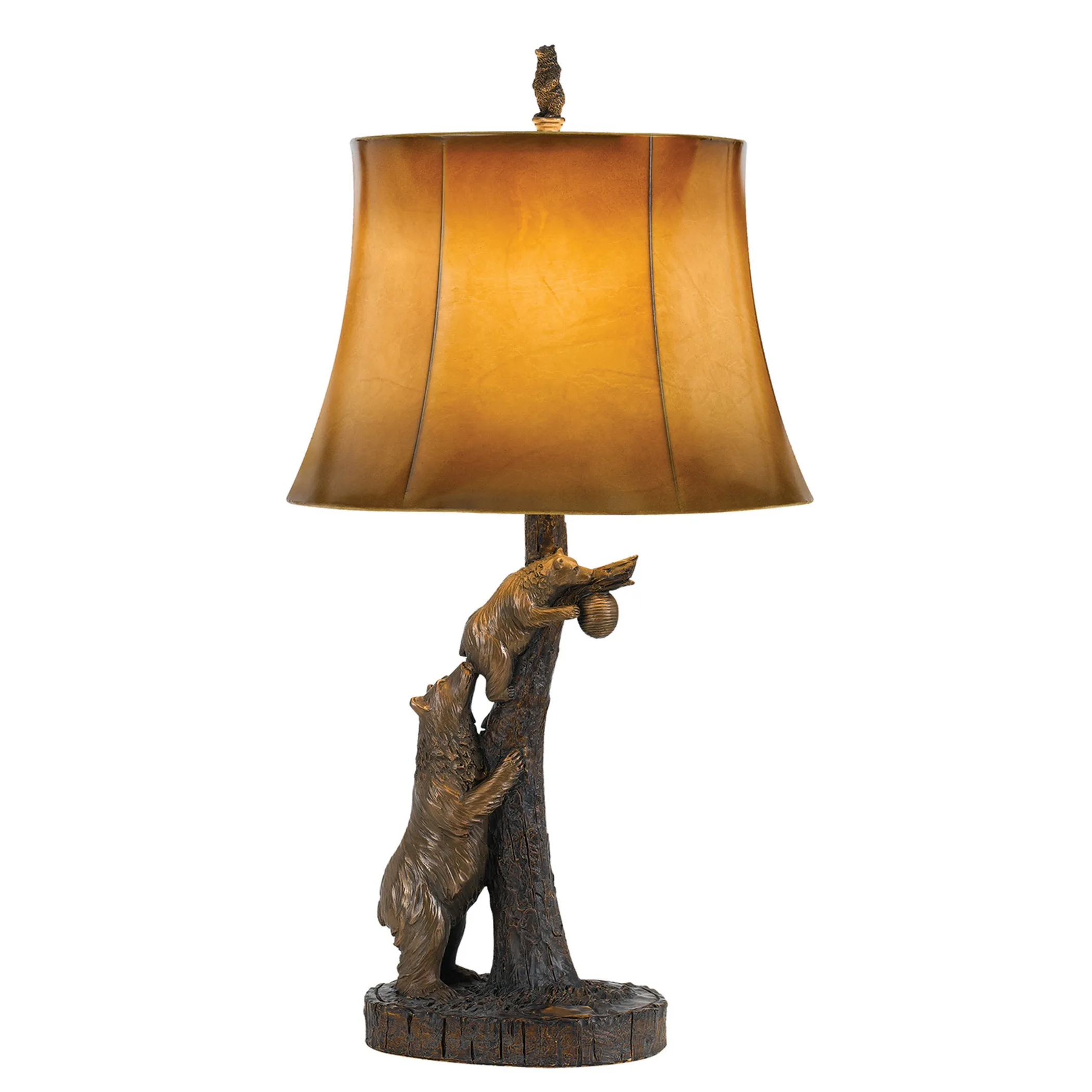 31" Bronze Bears After the Honey Table Lamp With Brown Faux Leather Shade - Image 2