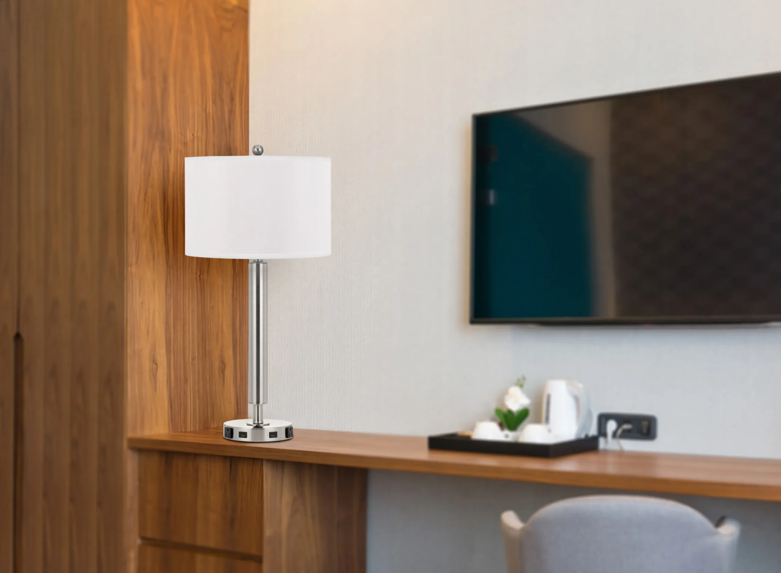 30" Nickel Metal Cylinder USB Table Lamp With White Drum Shade - Image 4