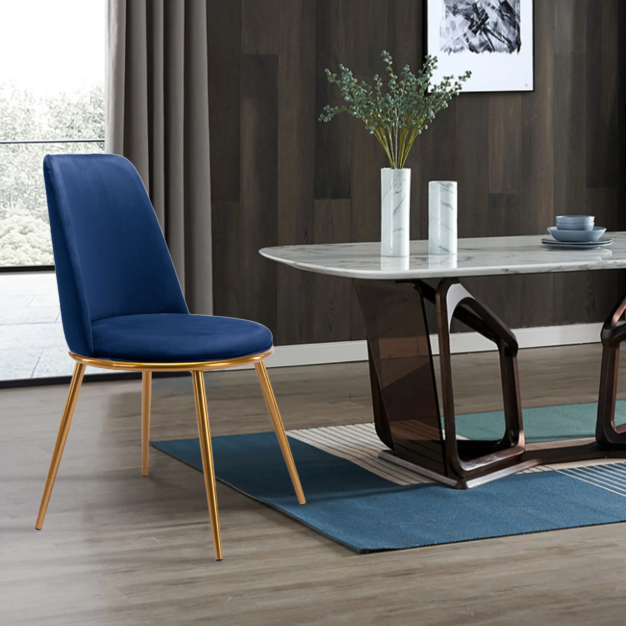 Blue And Gold Velvet and Metal Dining Side Chair - Image 3