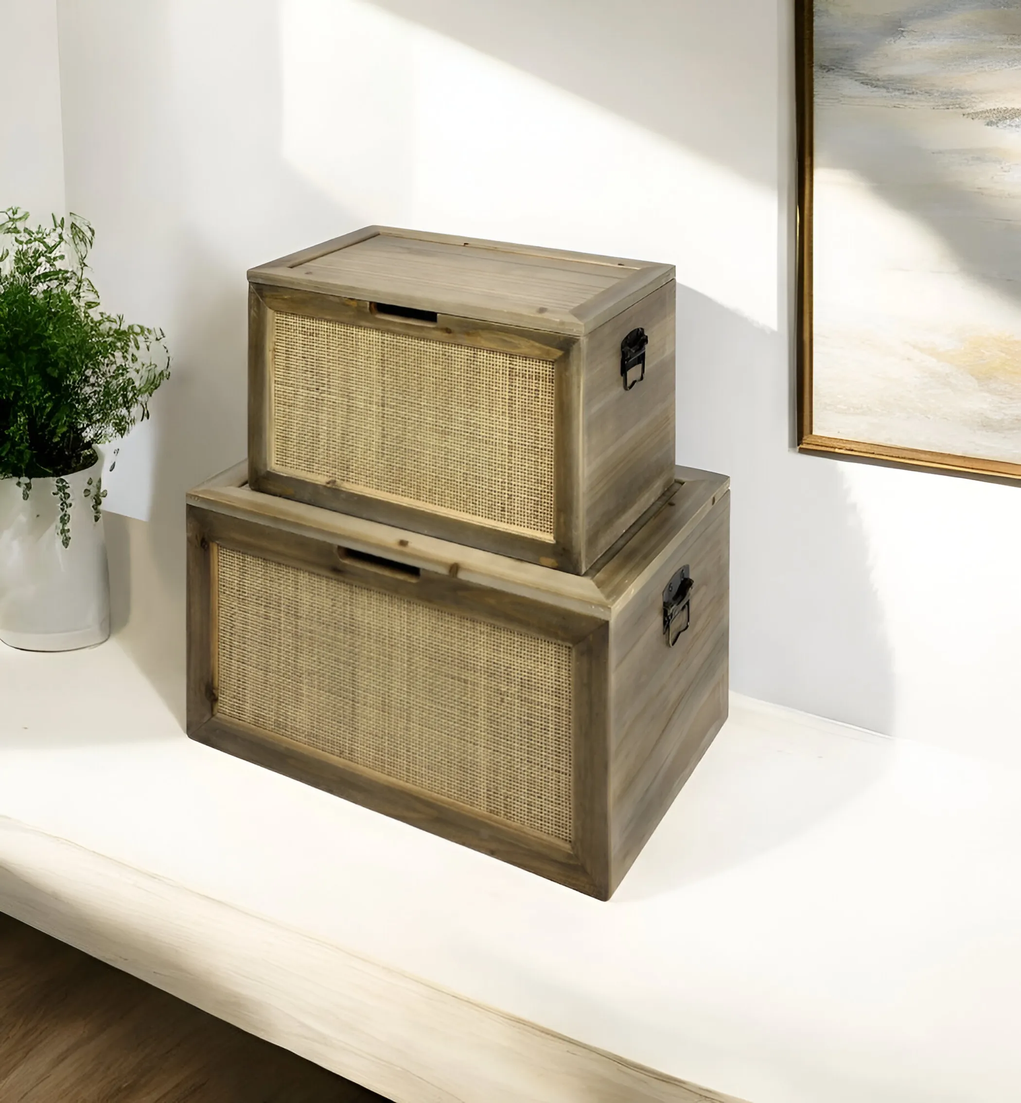 Set Of Two Brown and Natural Wood And Cane Storage Boxes - Image 2
