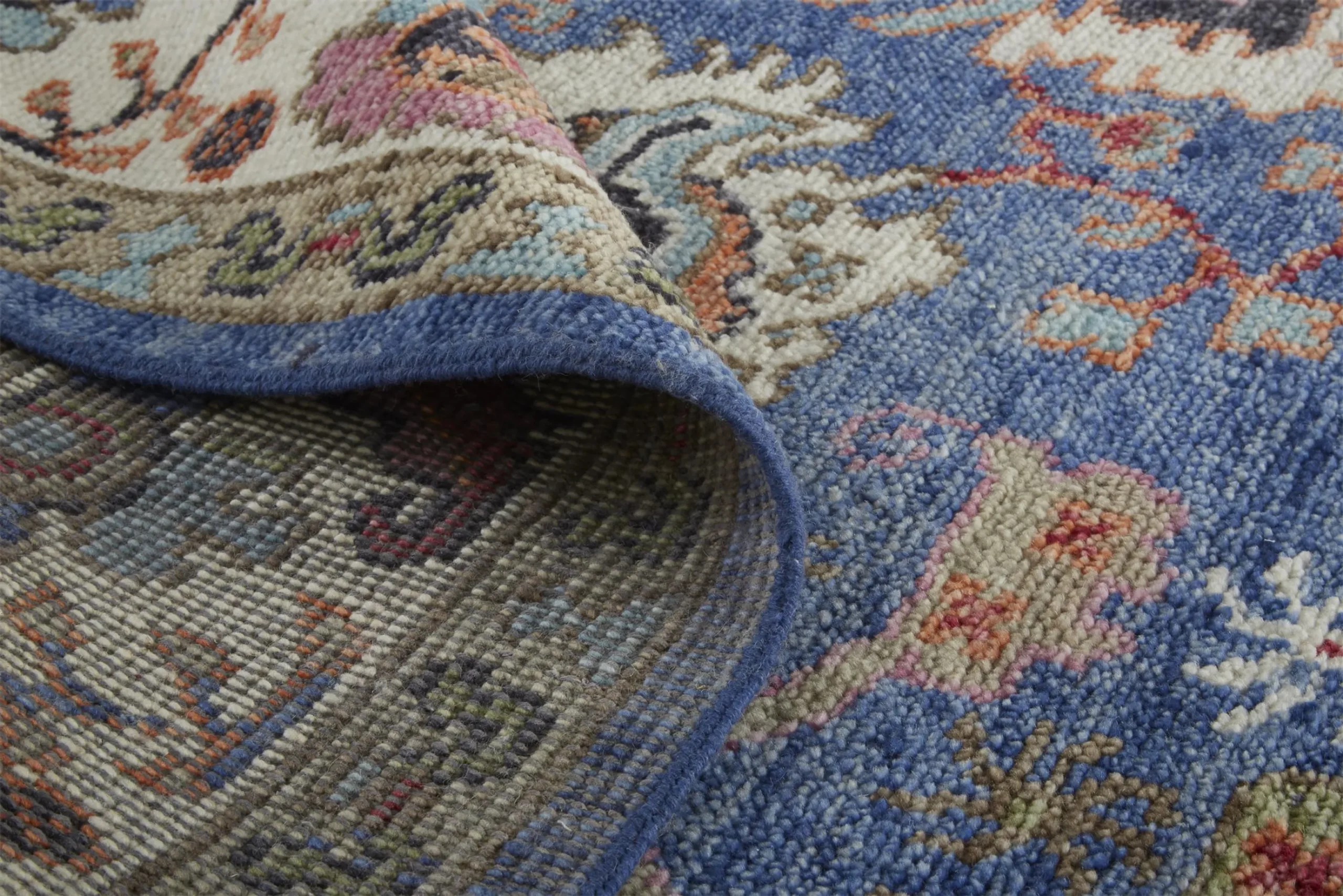 8' Blue and Beige Wool Floral Hand Knotted Runner Rug With Fringe - Image 6