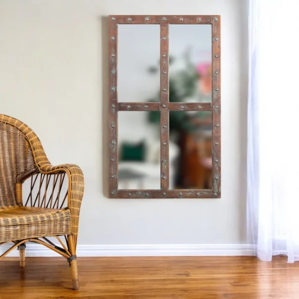 60" Wood Brown Rustic Solid Wood Window Pane Framed Accent Mirror