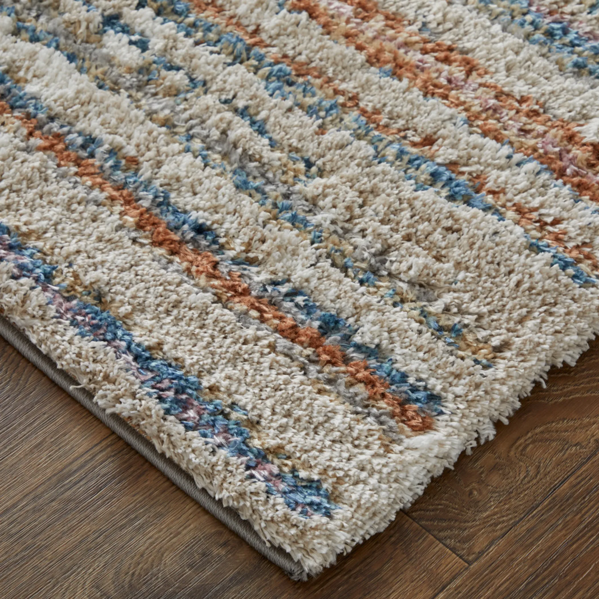5' X 8' Ivory Blue And Orange Striped Power Loom Stain Resistant Area Rug - Image 3