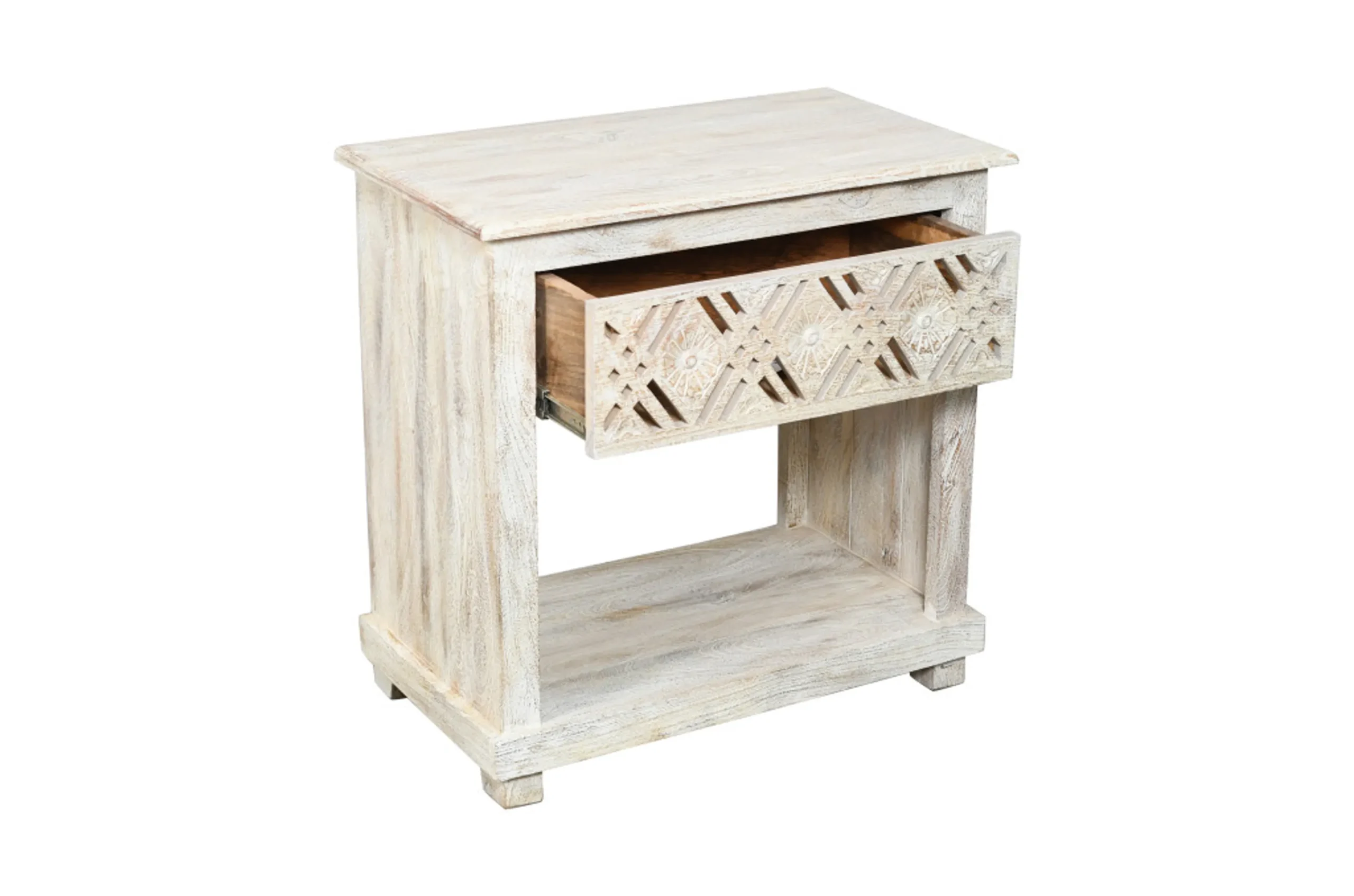 28" White Distressed Carved Geometric Solid Wood Nightstand - Image 4